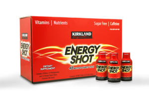 Kirkland Energy Shots regular strength in three flavors, Berry, Pomegranate, and Orange